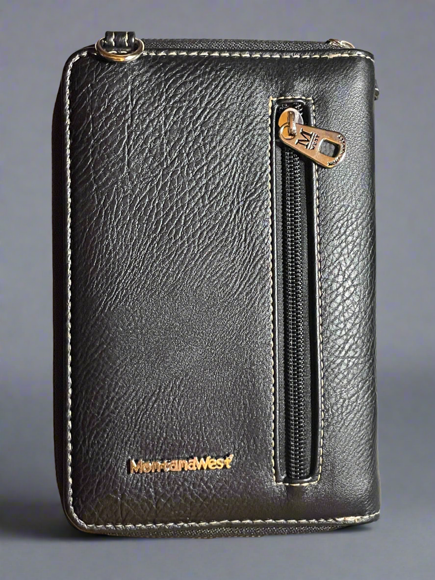 Montana West Crossbody Phone Wallet (Black with Skull and Rhinestones)