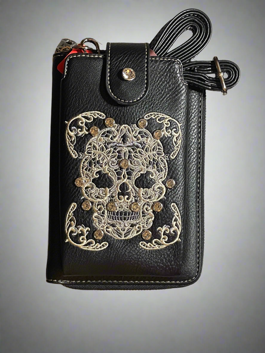 Montana West Crossbody Phone Wallet (Black with Skull and Rhinestones)