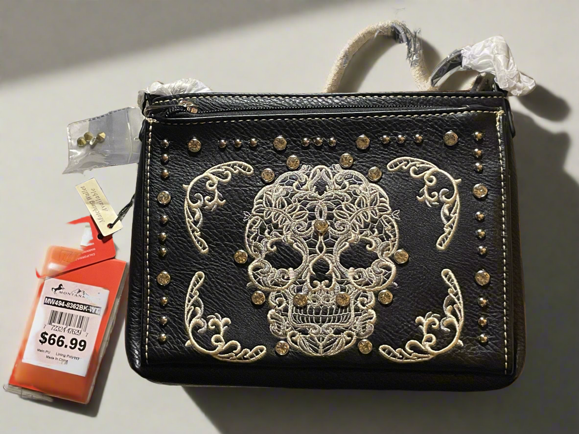 Montana West Crossbody Bag (Black with Skull and Rhinestones)